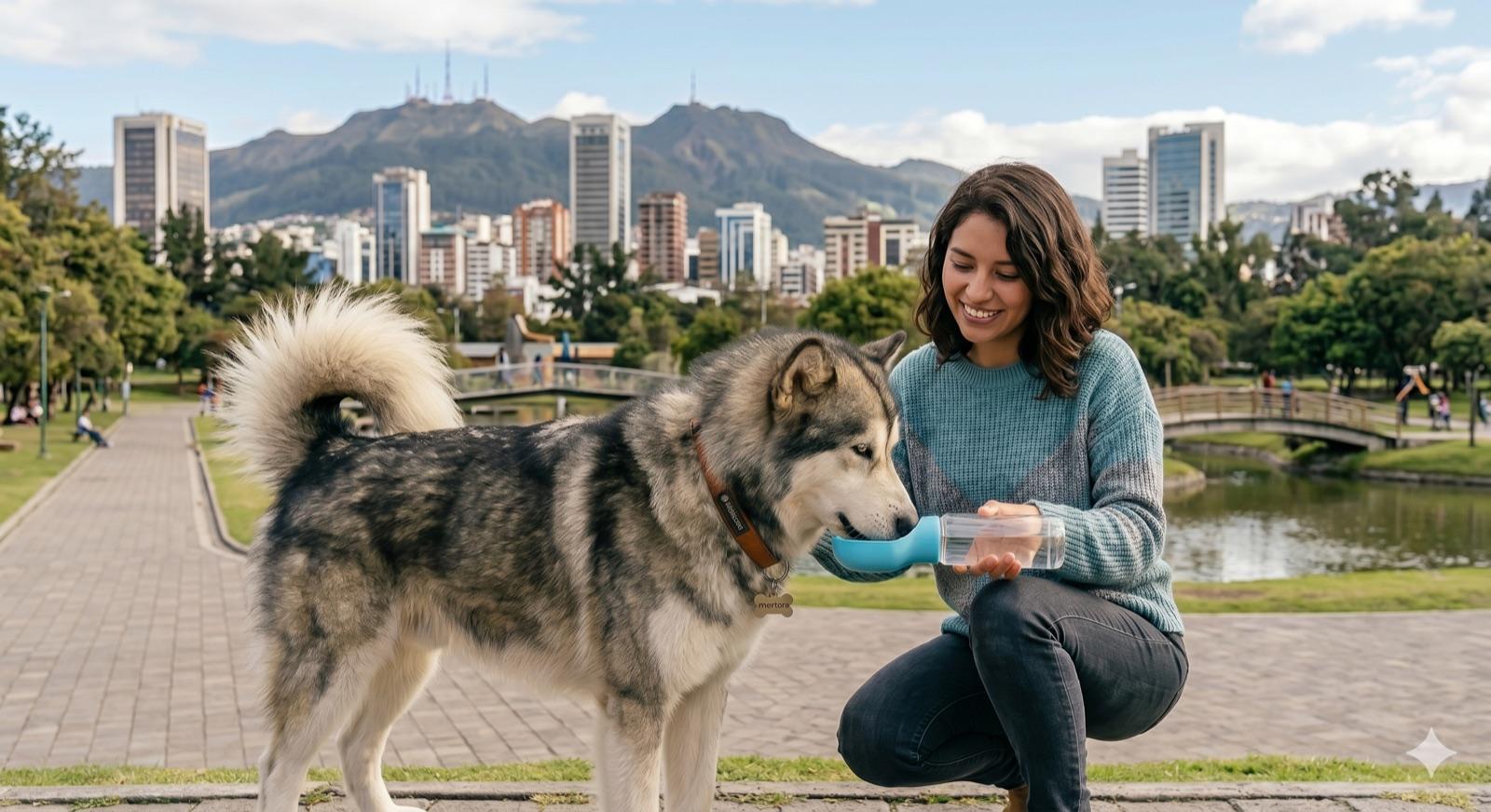 Perro bebiendo agua limpia de una botella portátil durante el paseo para mantenerse hidratado